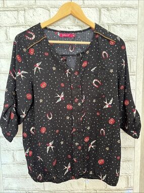 Dolly Black Blouse with Red Rose & Star Print